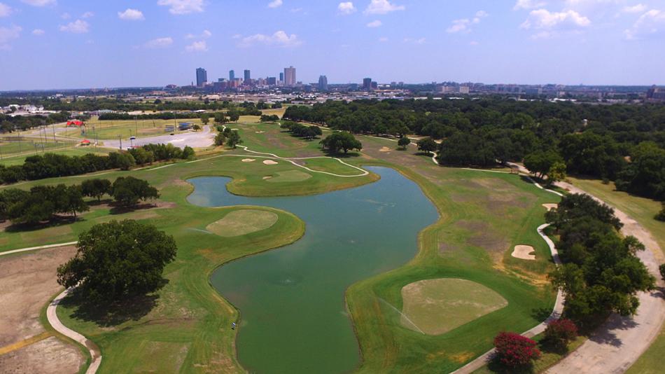 Bird's eye view of Rockwood Park Golf Course with Fort Worth skyline